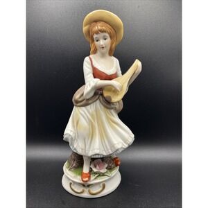Vtg. Bisque Porcelain Figurine - Girl Playing Mandolin - 8" Tall - Capodimonte